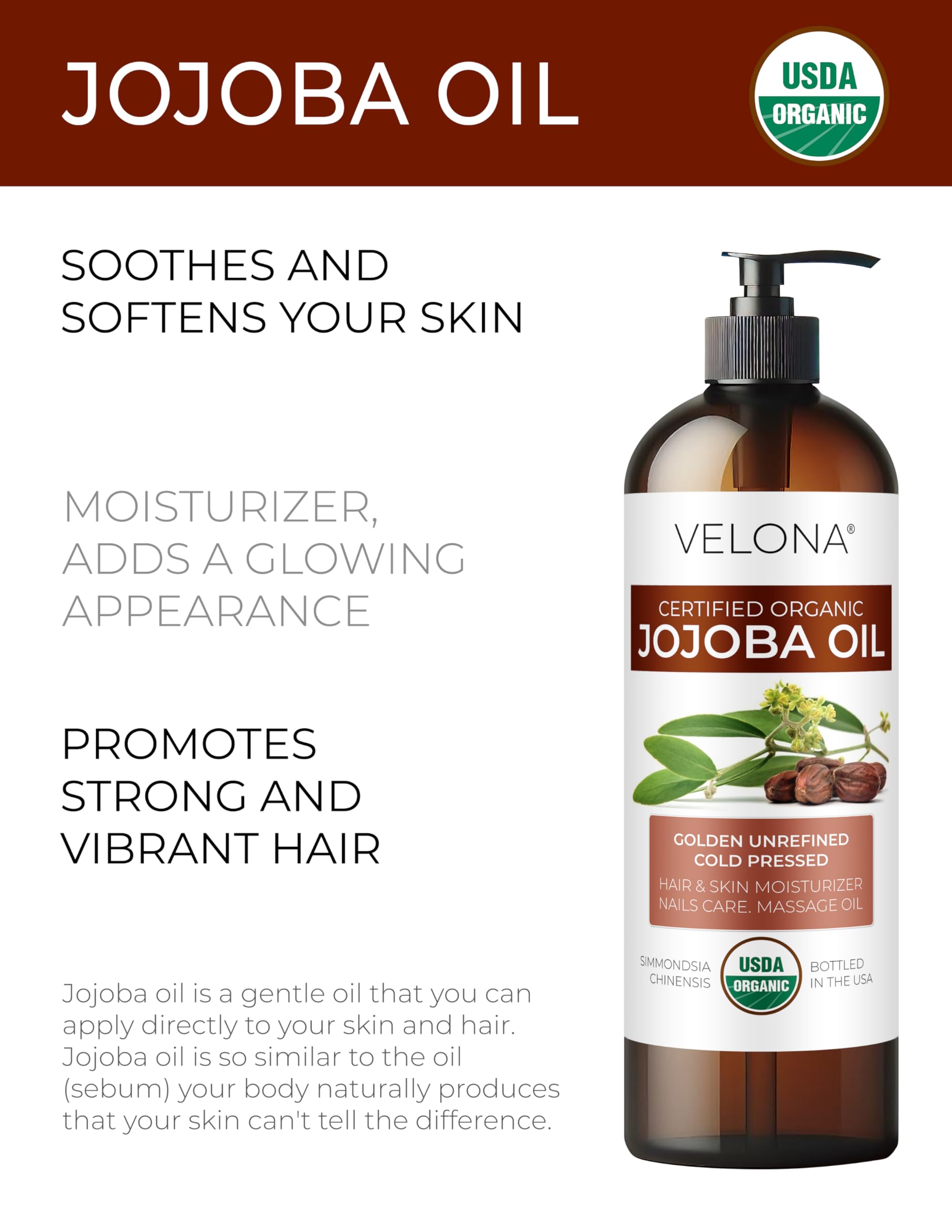 Velona Jojoba Oil in amber glass highlights pure, unrefined golden essence for balanced skin.