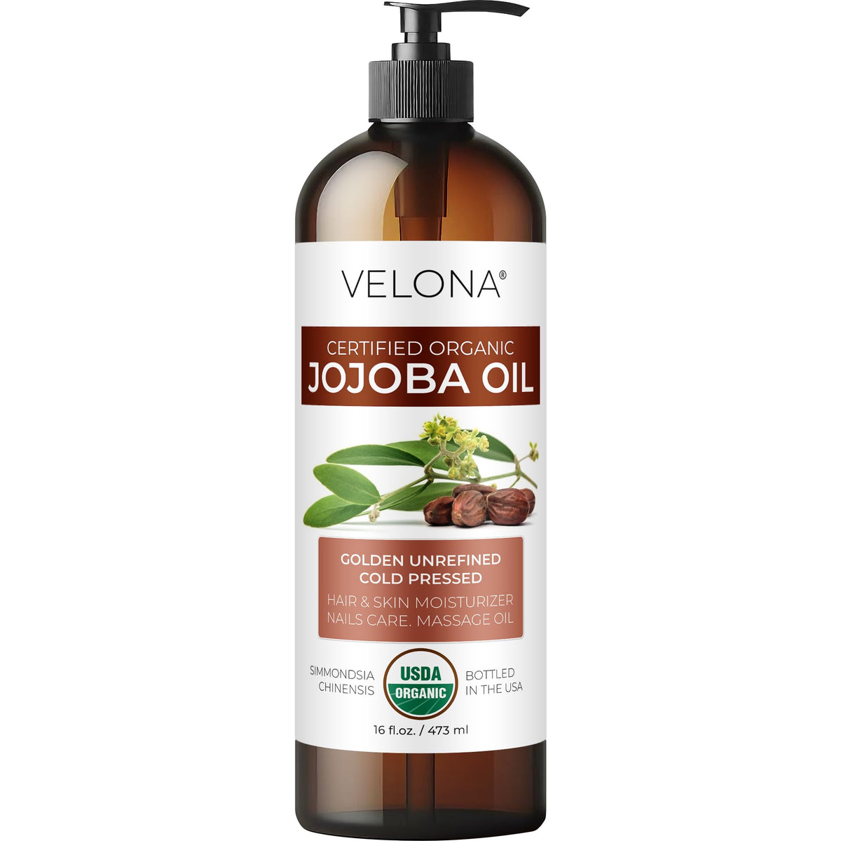 Velona Jojoba Oil bottle with pump for easy, mess-free face and body application.