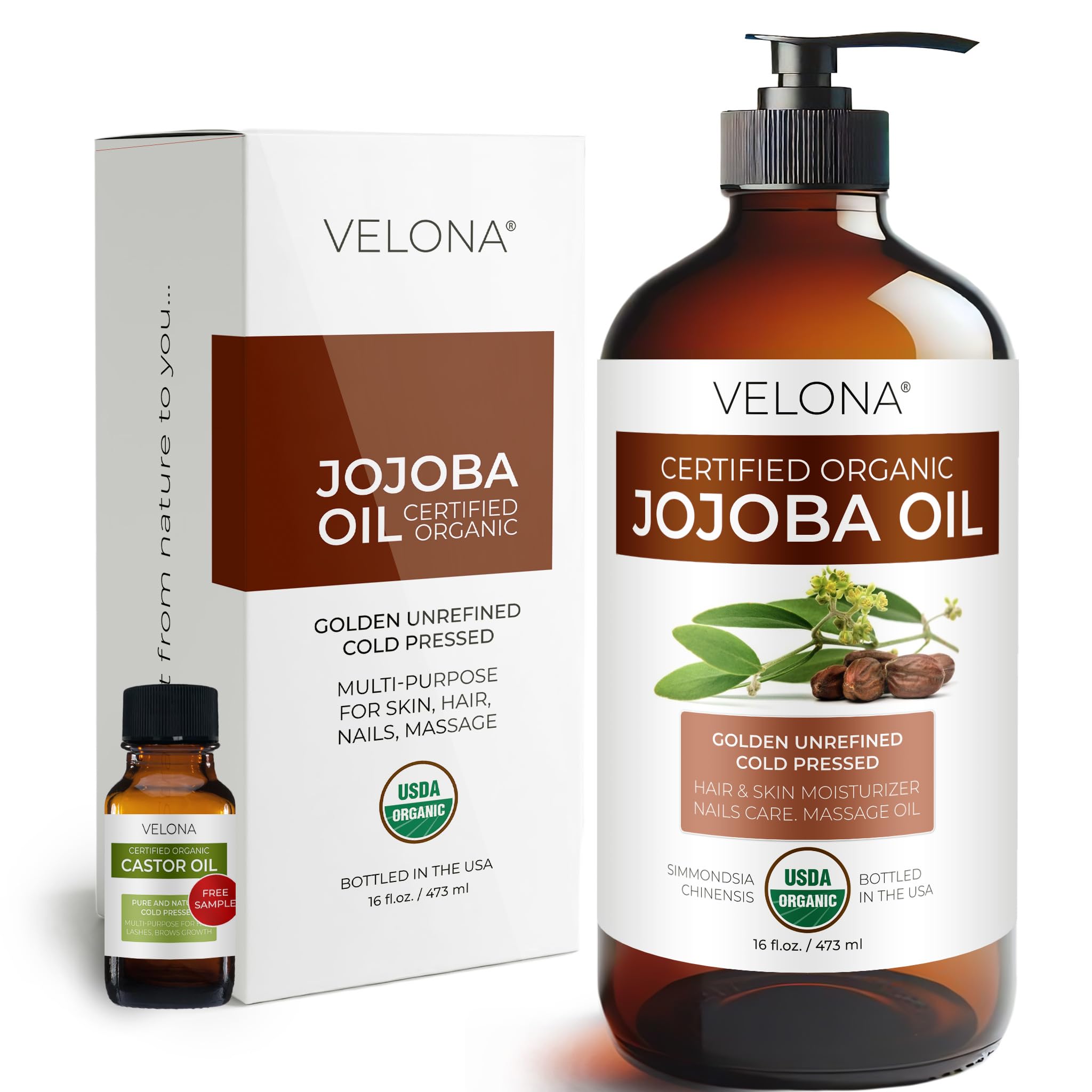 Velona Jojoba Oil bottle showing pure organic formula for skin and hair hydration