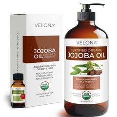 Velona Jojoba Oil bottle showing pure organic formula for skin and hair hydration