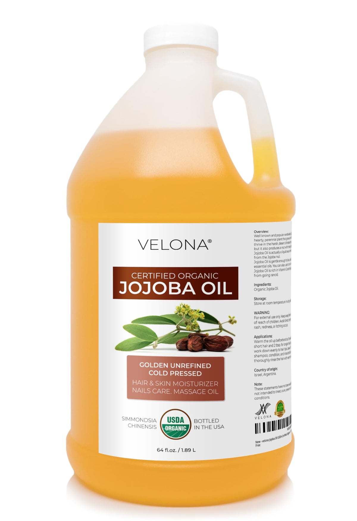 Velona Jojoba Oil USDA Organic 64oz bottle for pure skin, hair, and nails