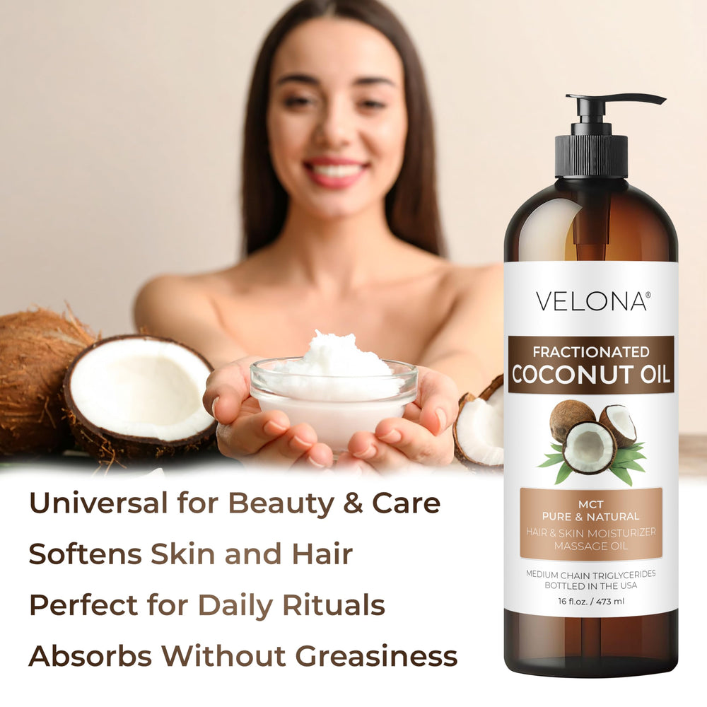 Velona MCT coconut oil used in hair care for softness and shine