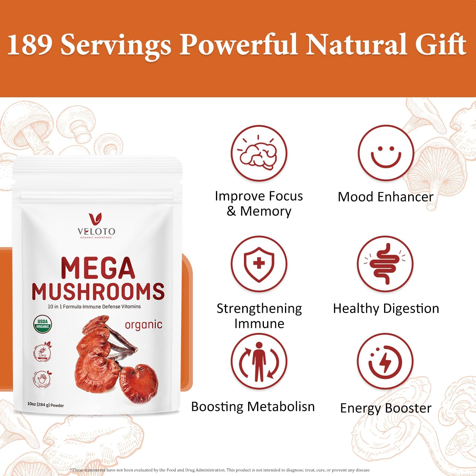 VELOTO Mega Mushroom Powder Blend package on kitchen counter.