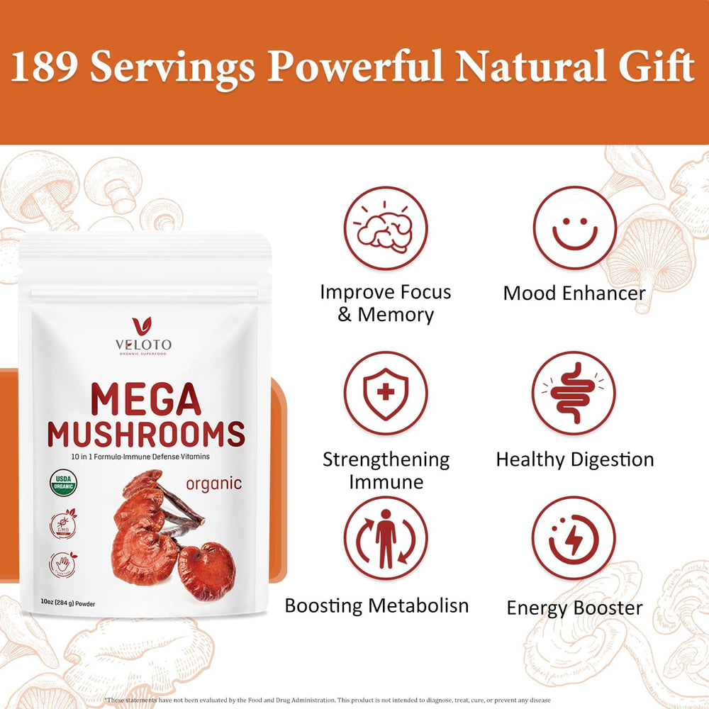 VELOTO Mega Mushroom Powder Blend package on kitchen counter.