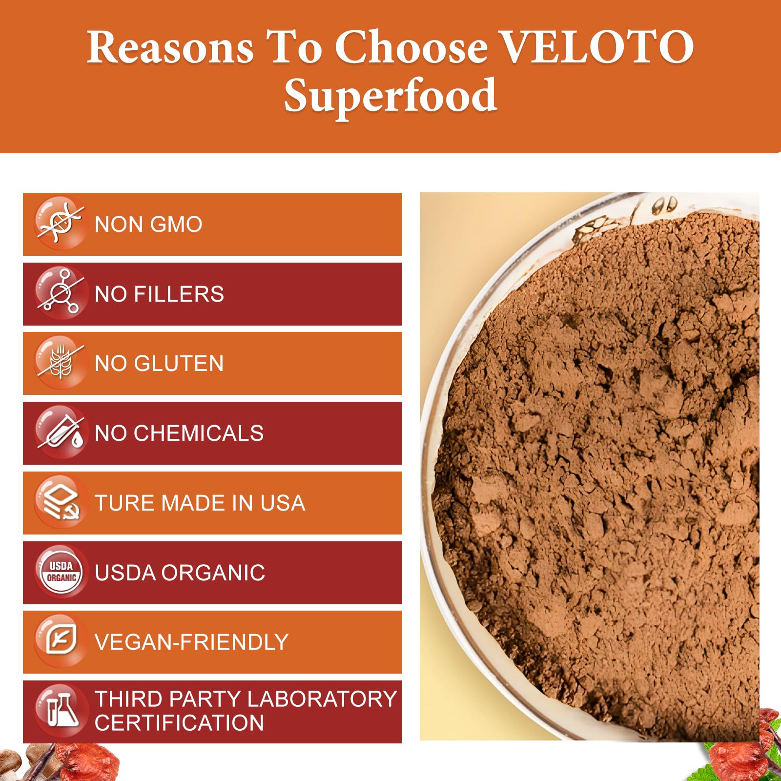VELOTO Organic Mega Mushroom Powder Blend being poured into a cup.