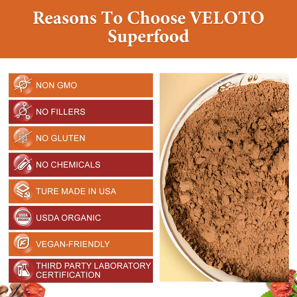 VELOTO Organic Mega Mushroom Powder Blend being poured into a cup.