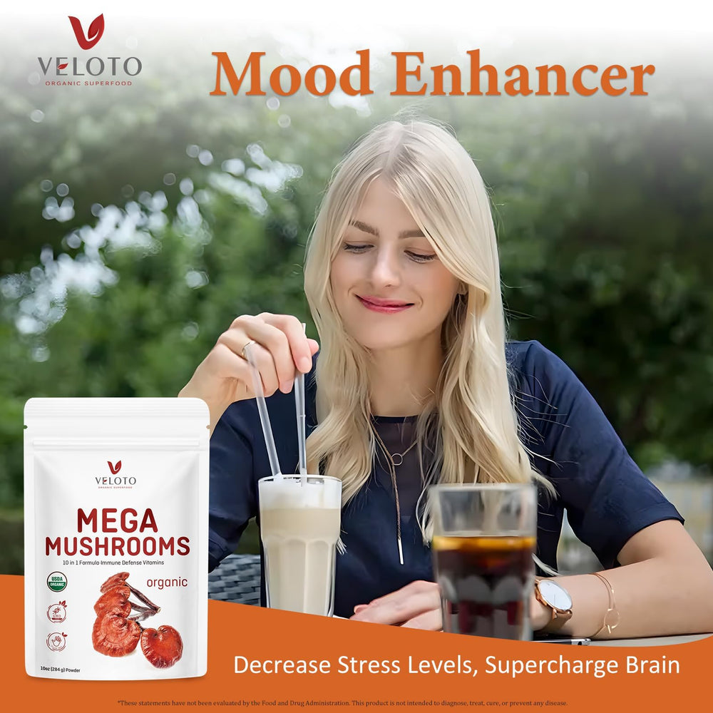 VELOTO Organic Mega Mushroom Powder Blend stirred into coffee.