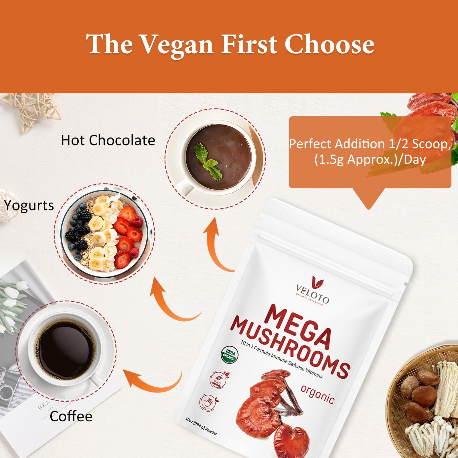 VELOTO Organic Mega Mushroom Powder Blend uses US-grown mushrooms.