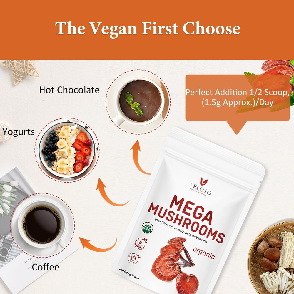 VELOTO Organic Mega Mushroom Powder Blend uses US-grown mushrooms.