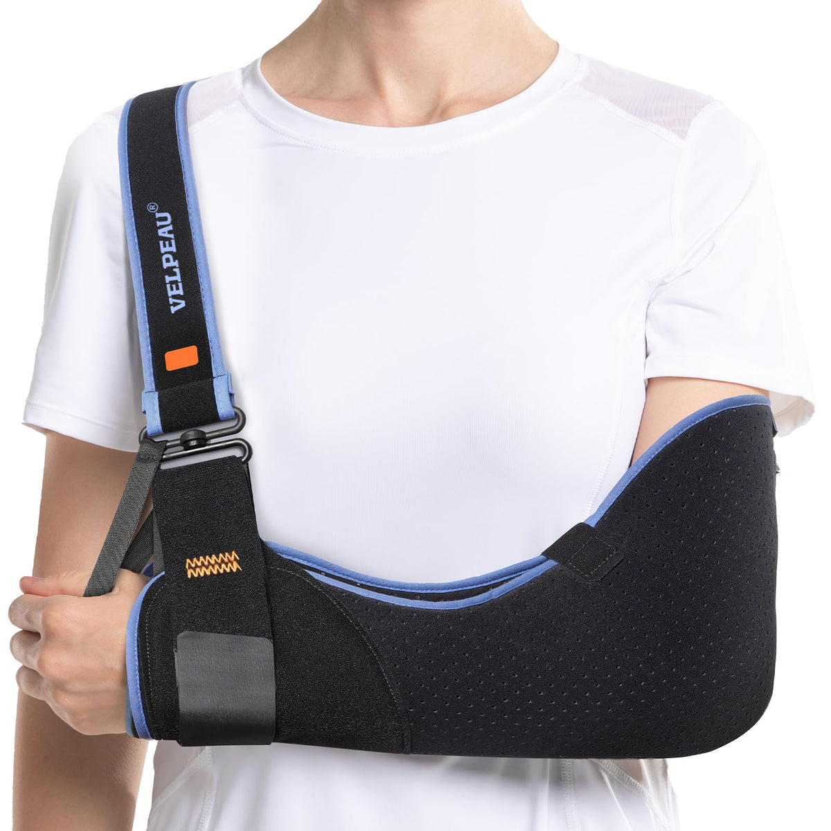 Velpeau Arm Sling immobilizer with T-belt stabilizes the shoulder during wear.