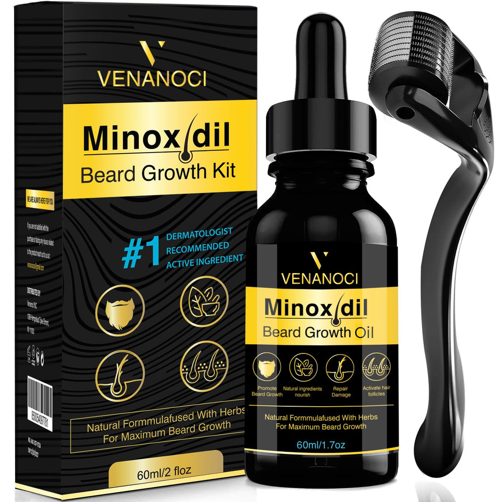 Venanoci 5% Minoxidil Beard Growth Kit bottle promotes fuller beard and density