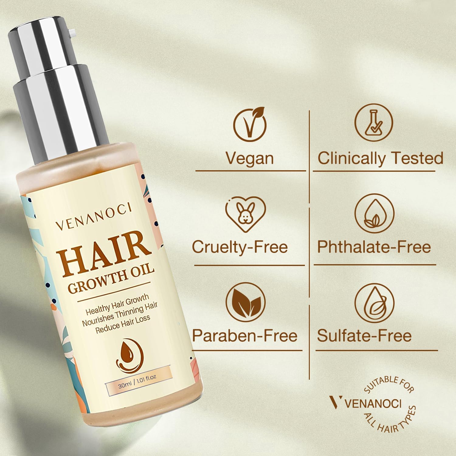 Venanoci all hair types label signals versatile, gentle care.