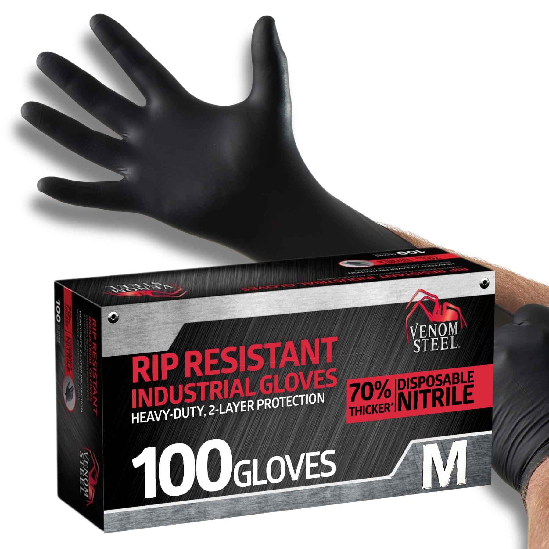 Venom Steel nitrile gloves with textured grip for secure handling.