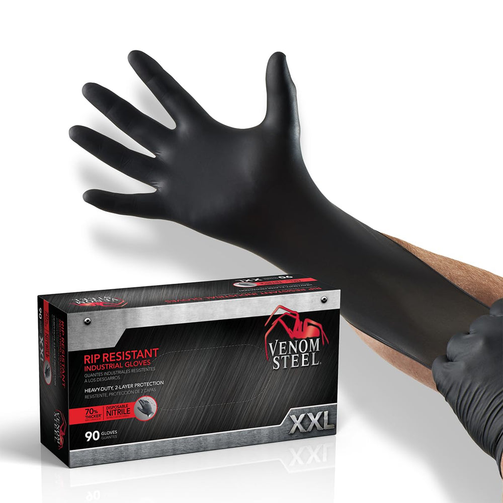Venom Steel nitrile gloves with textured grip for secure handling during messy tasks.