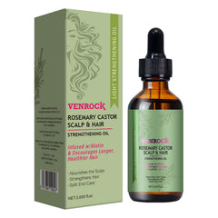 Venrock Rosemary Castor Oil bottle closeup for scalp nourishment.