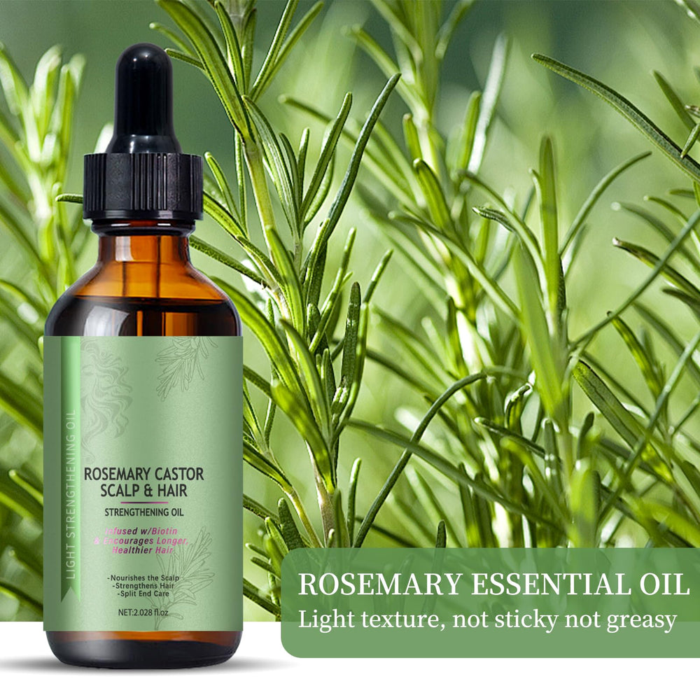 Venrock Rosemary Castor Oil bottle with hair imagery highlighting strengthening benefits.
