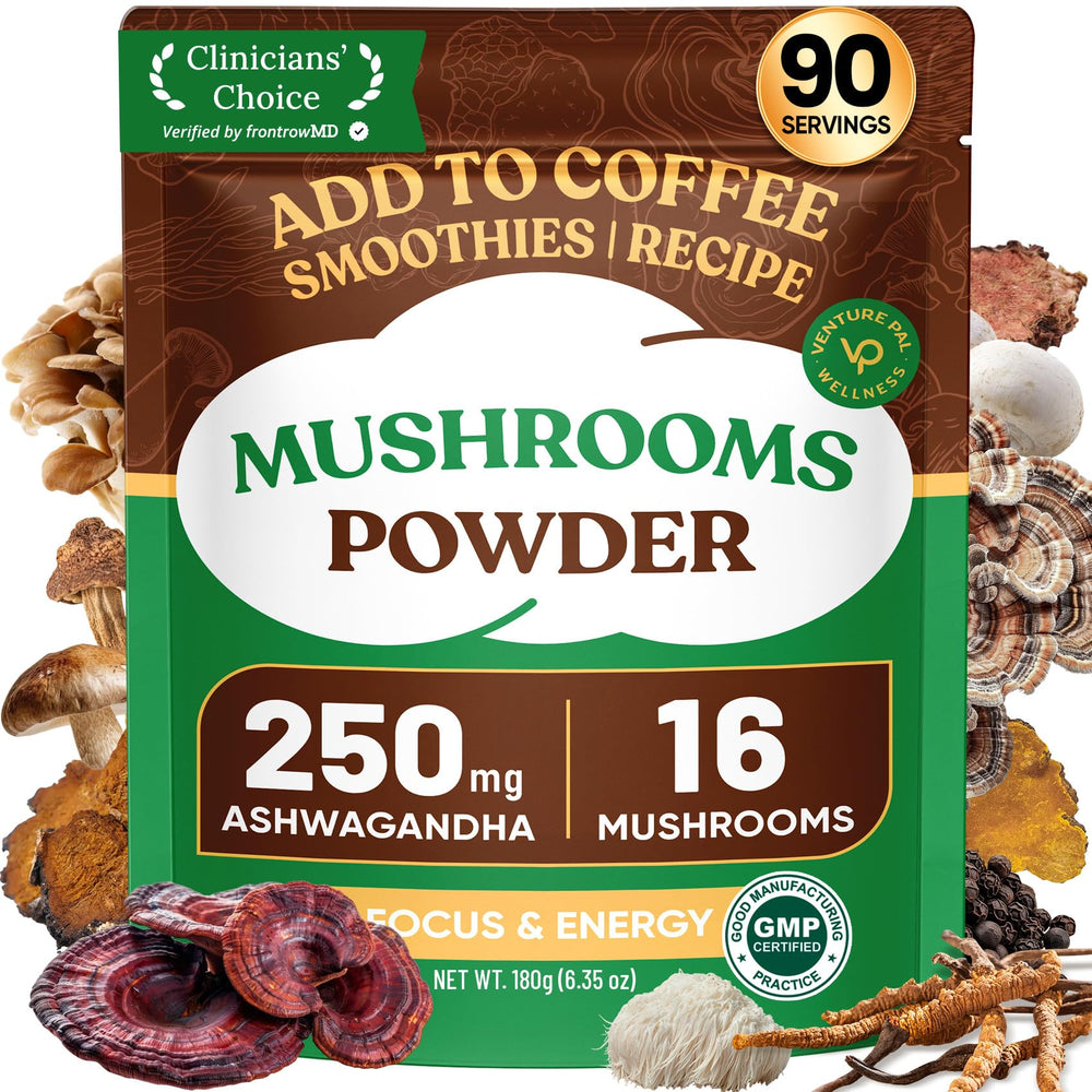 Venture Pal 16-in-1 Mushroom Powder bottle for daily immune and energy support.