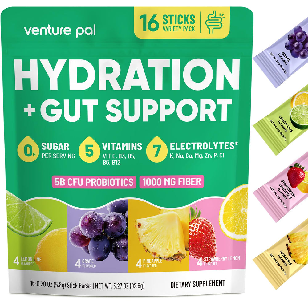 Venture Pal 2-in-1 Gut Electrolyte packets in a box for convenient hydration.