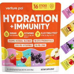 Venture Pal 2-in-1 packets label closeup showing hydration and immune support benefits.