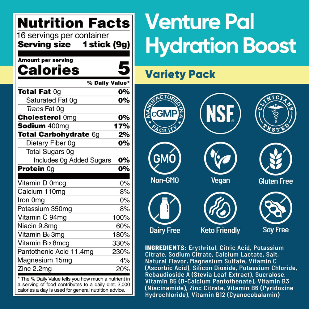 Venture Pal packets with 7 electrolytes and 5 vitamins for balanced hydration.