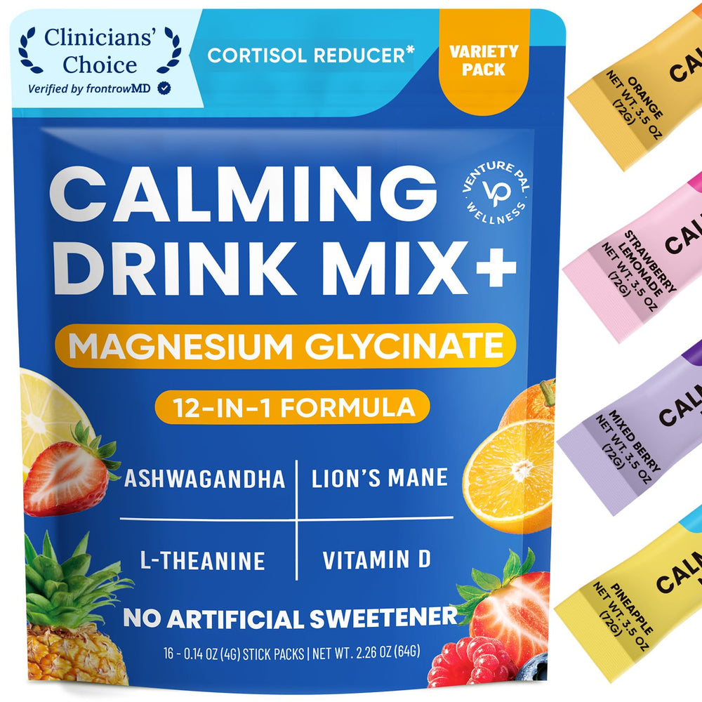 Venture Pal Calm Drink Mix tub close-up, highlighting label and vegan, sugar-free formula for daily calm.