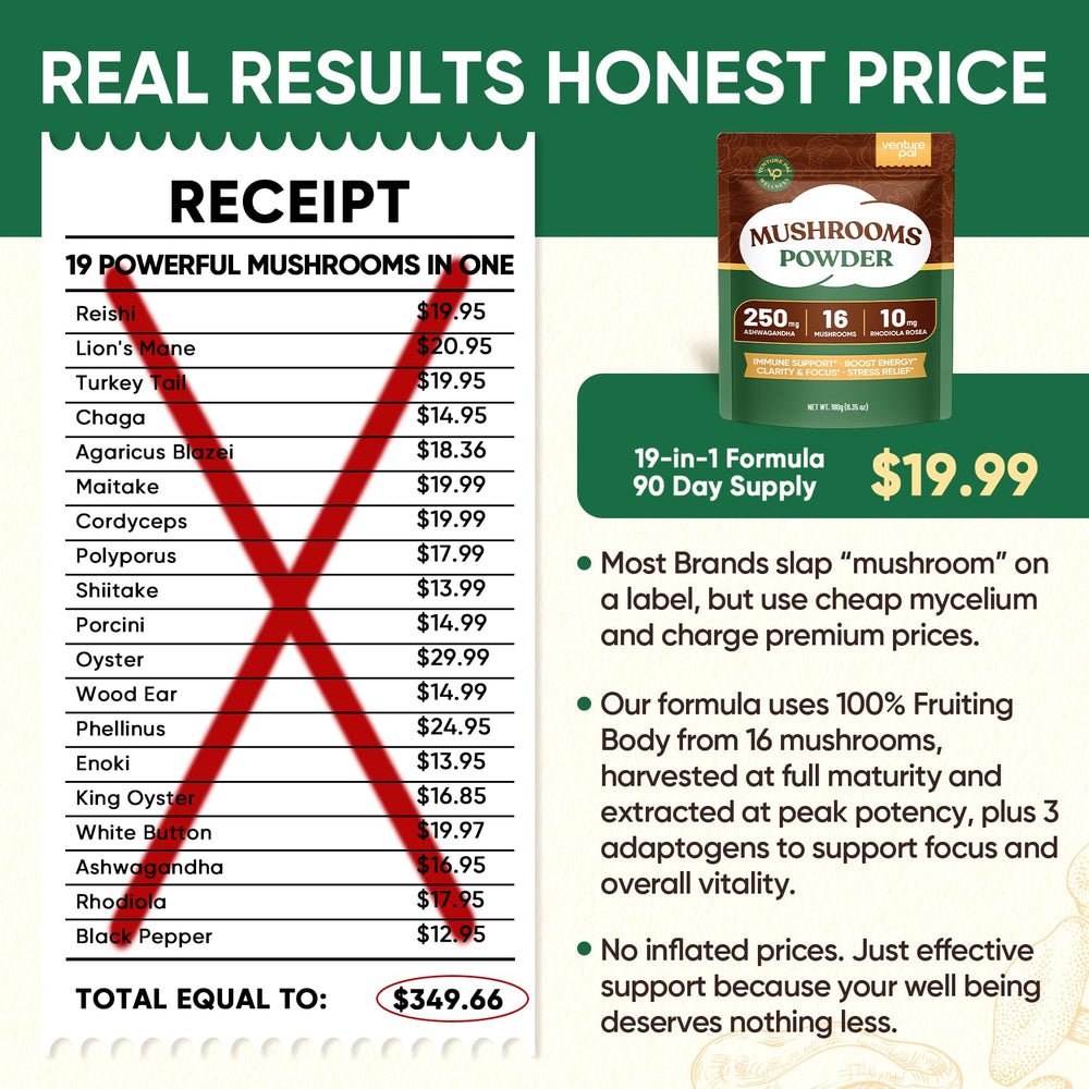 Venture Pal front label close-up highlighting premium fruiting-body mushrooms.