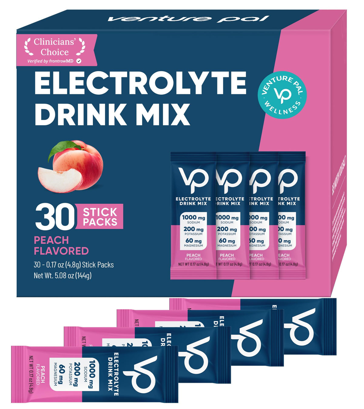 Venture Pal high-sodium electrolyte packets on packaging illustrating zero-calorie hydration.