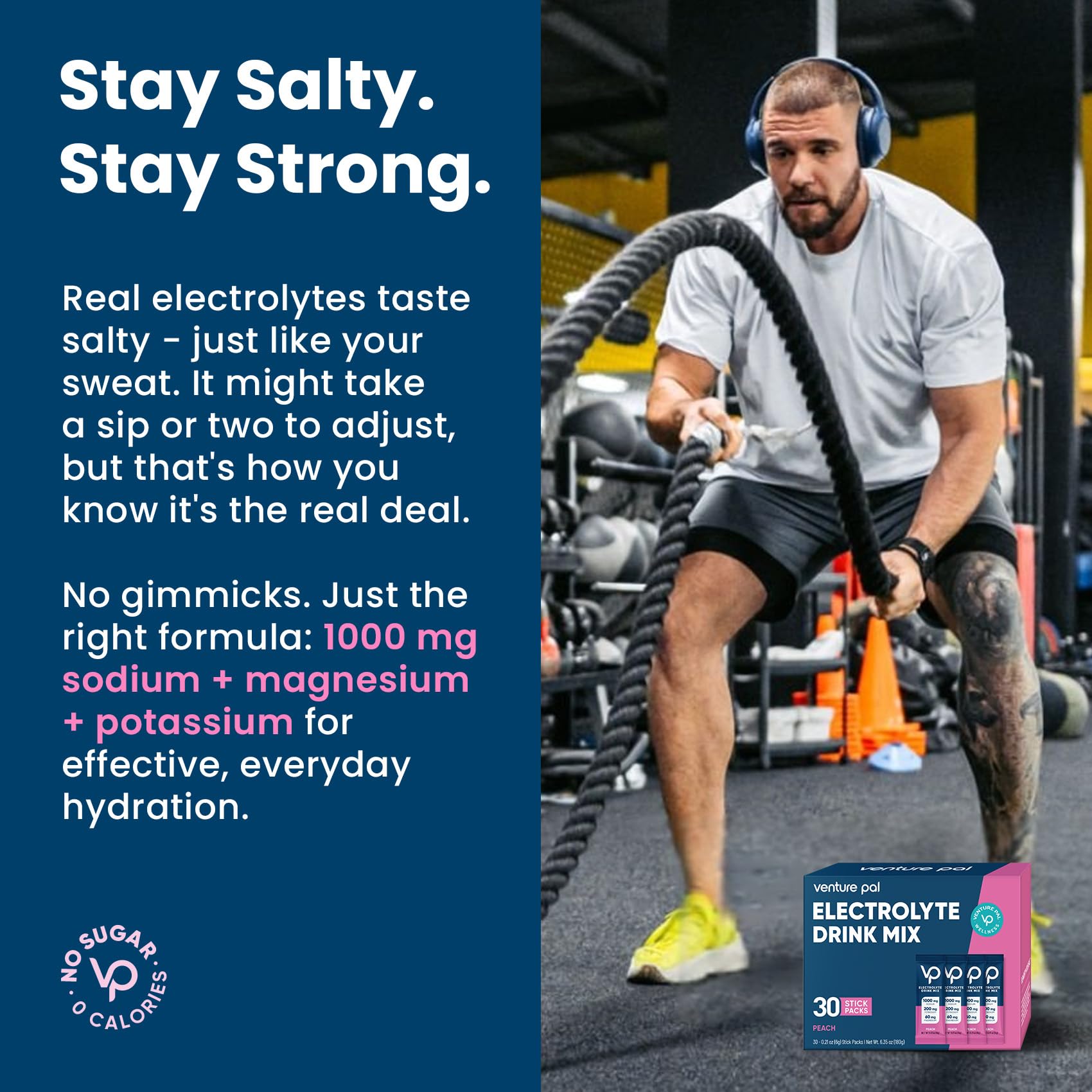 Venture Pal magnesium-potassium-sodium drink mix pictured ready to stir.