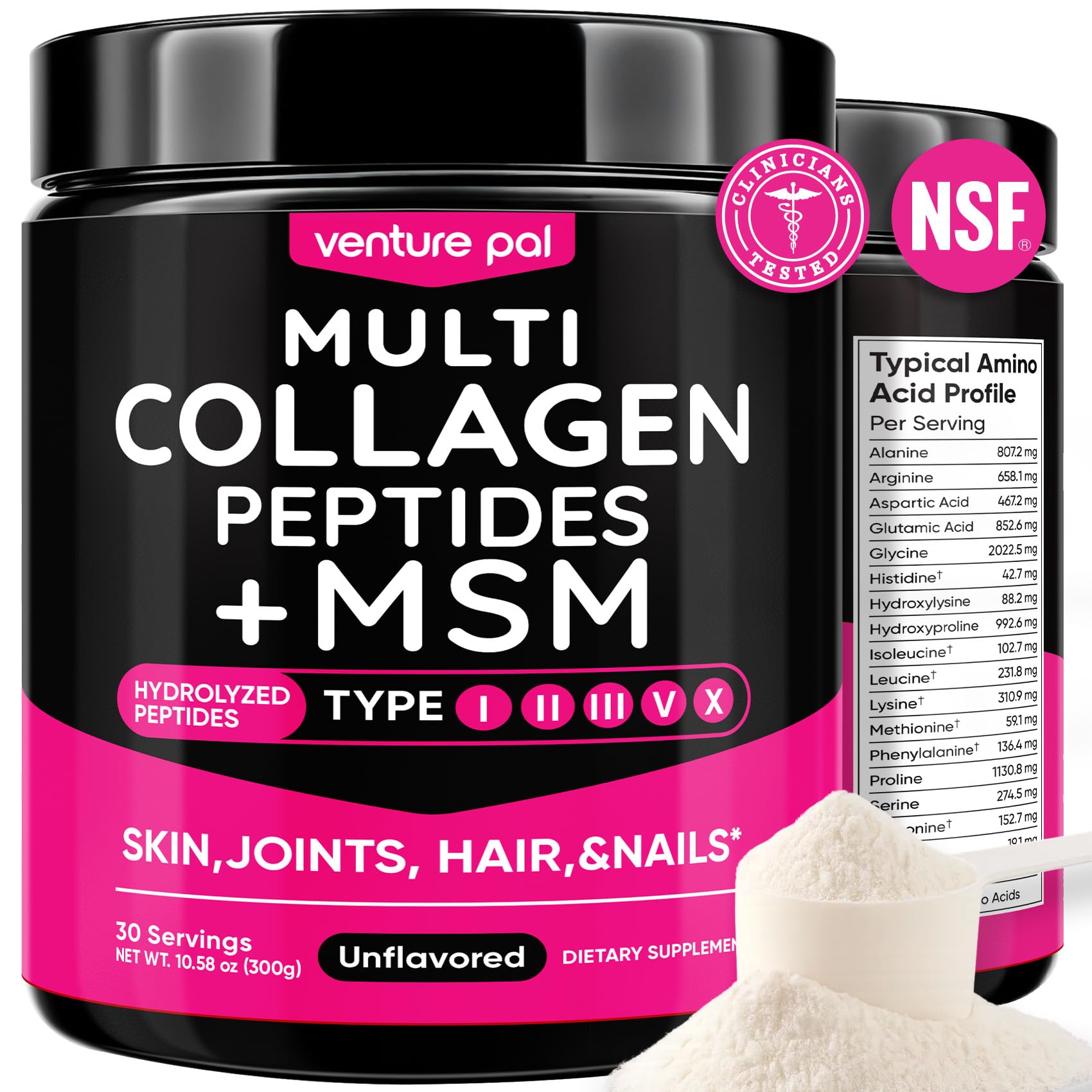 Venture Pal Multi Collagen Powder bottle with scoop, unflavored formula for skin and joint support.