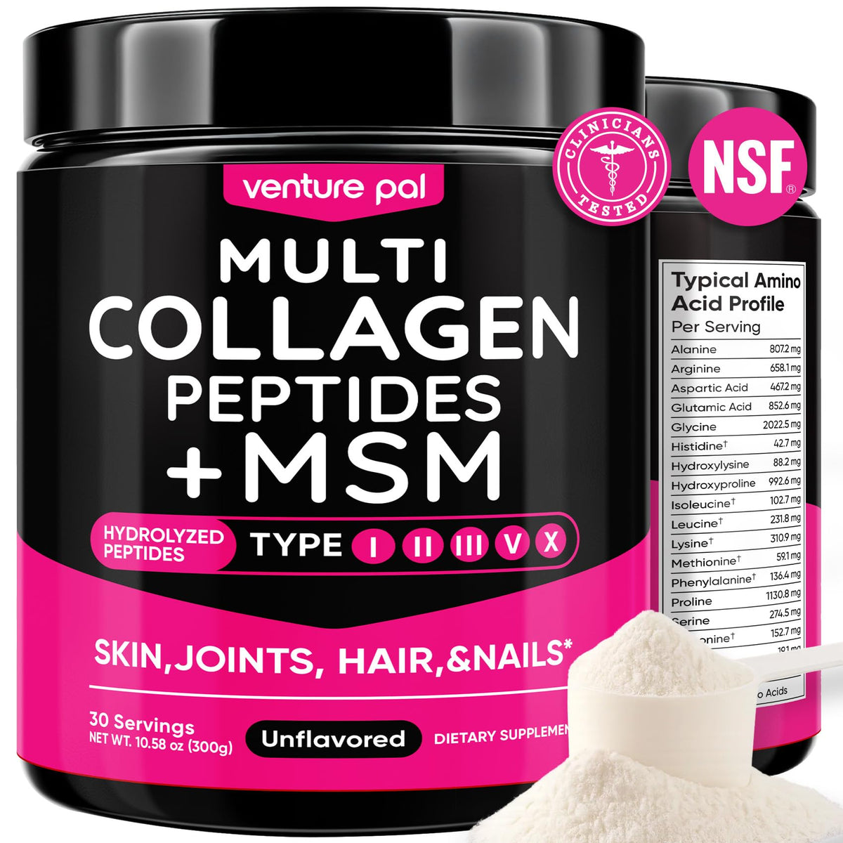 Venture Pal Multi Collagen Powder bottle with scoop, unflavored formula for skin and joint support.