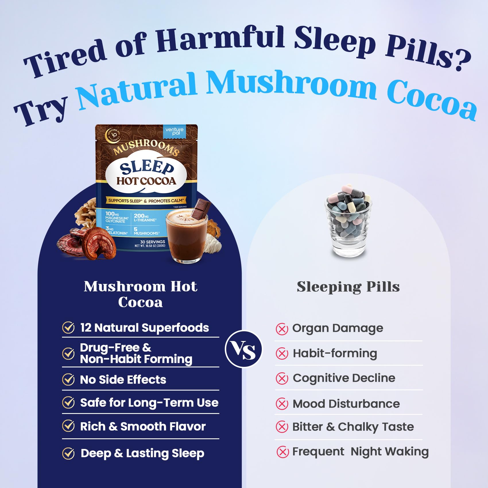 Venture Pal Mushroom Cocoa packaging - recycled box emphasizes clean vegan formula.
