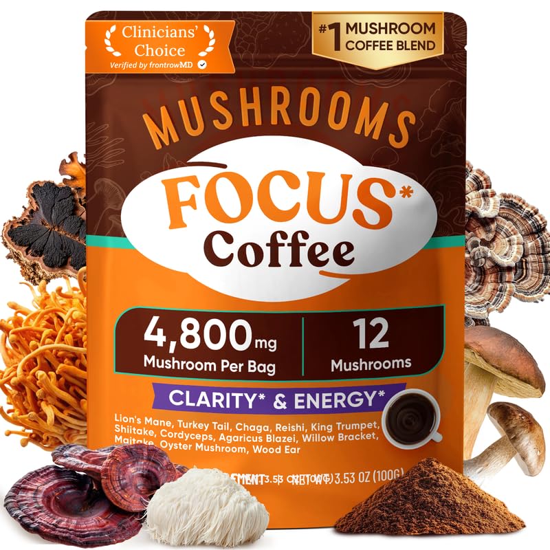 Venture Pal Mushroom Coffee 12-mushroom blend in a mug for focused daytime energy.