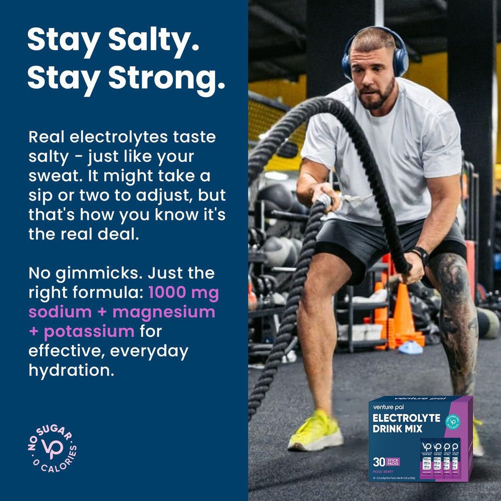Dissolving Venture Pal electrolyte powder in a glass for zero-calorie hydration.