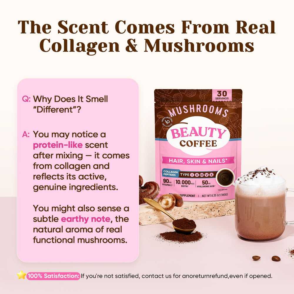 Venture Pal Premium Mushroom Coffee ingredients card lists mushroom blends and collagen