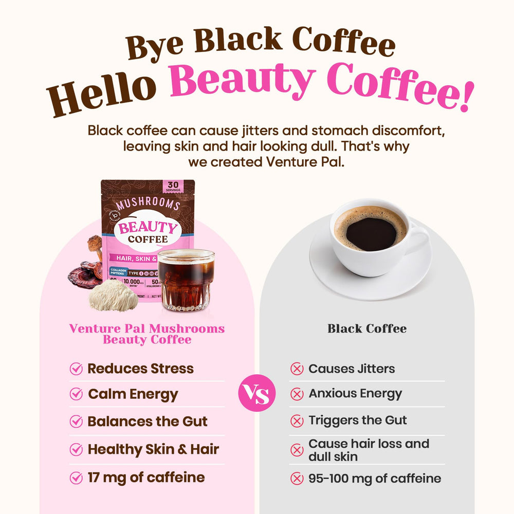 Venture Pal Premium Mushroom Coffee label panel shows collagen and adaptogens