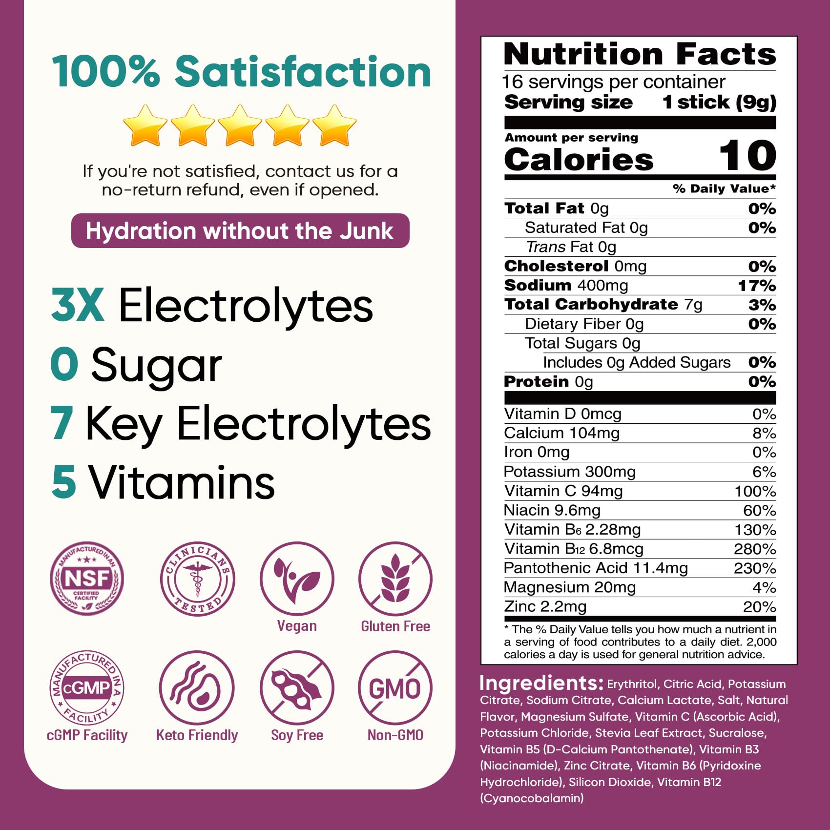 Vegan and gluten-free icons beside Venture Pal electrolyte powder
