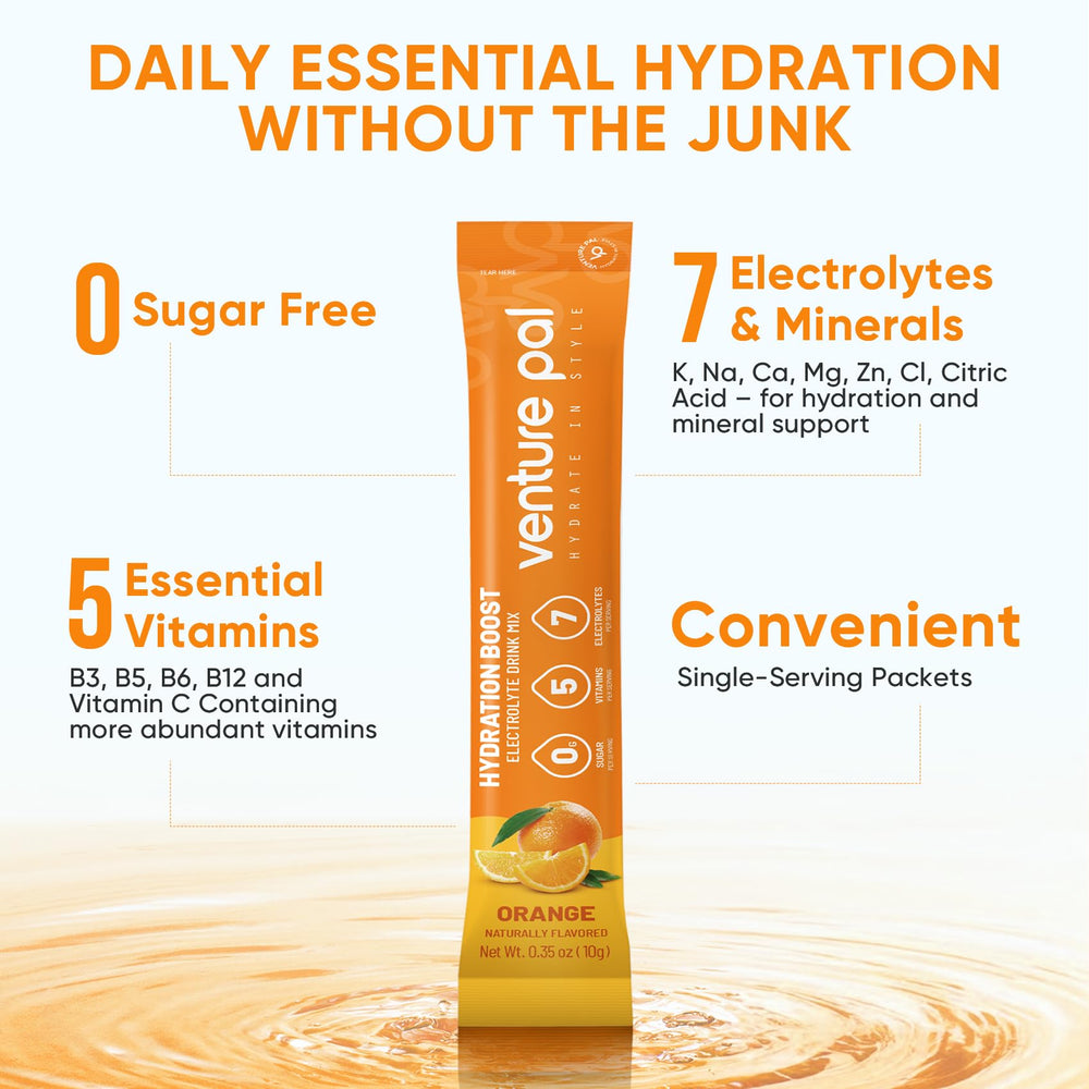 Venture Pal drink mix in a glass showing vitamin rich hydration after mixing.