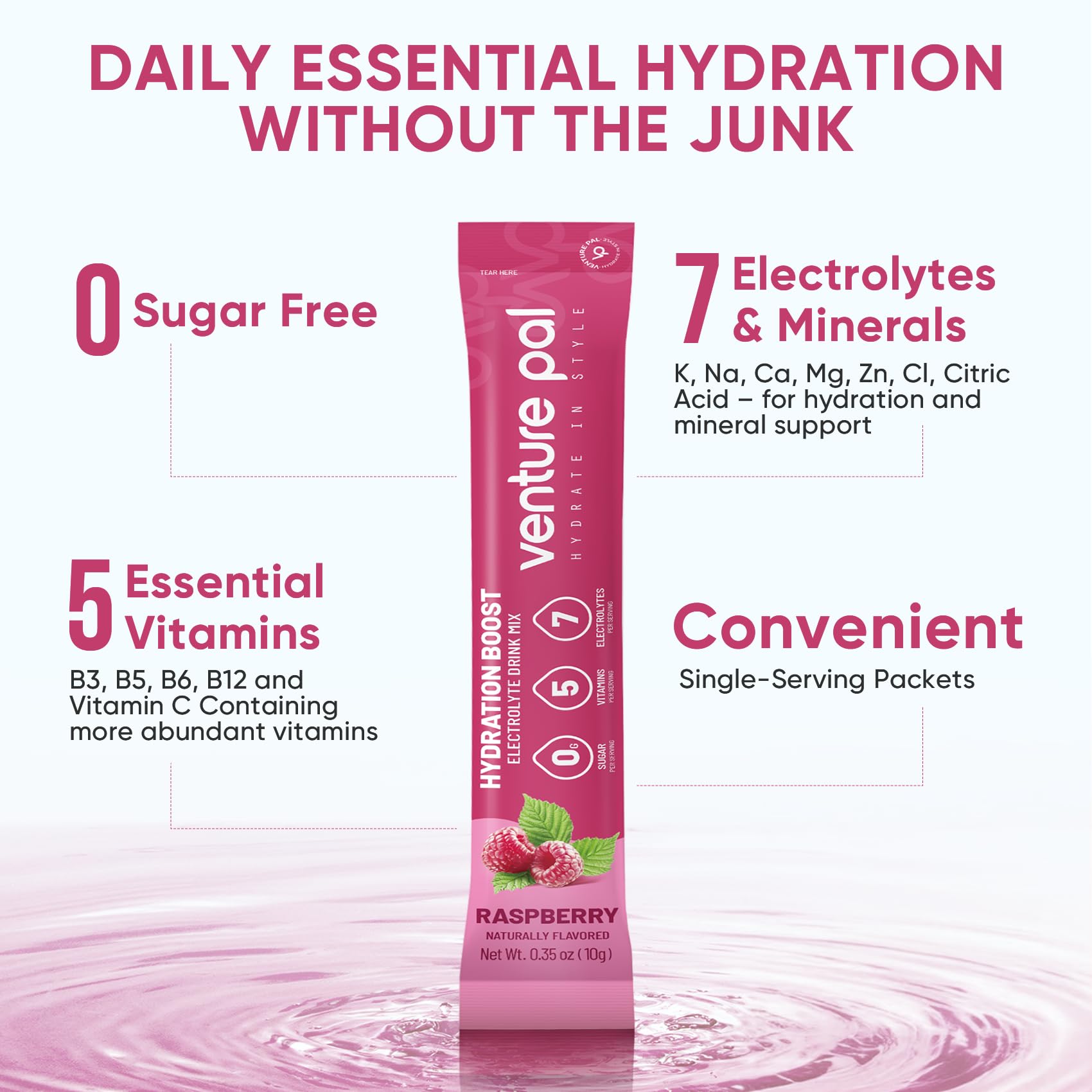 Venture Pal electrolytes dissolved in water for quick refreshment.