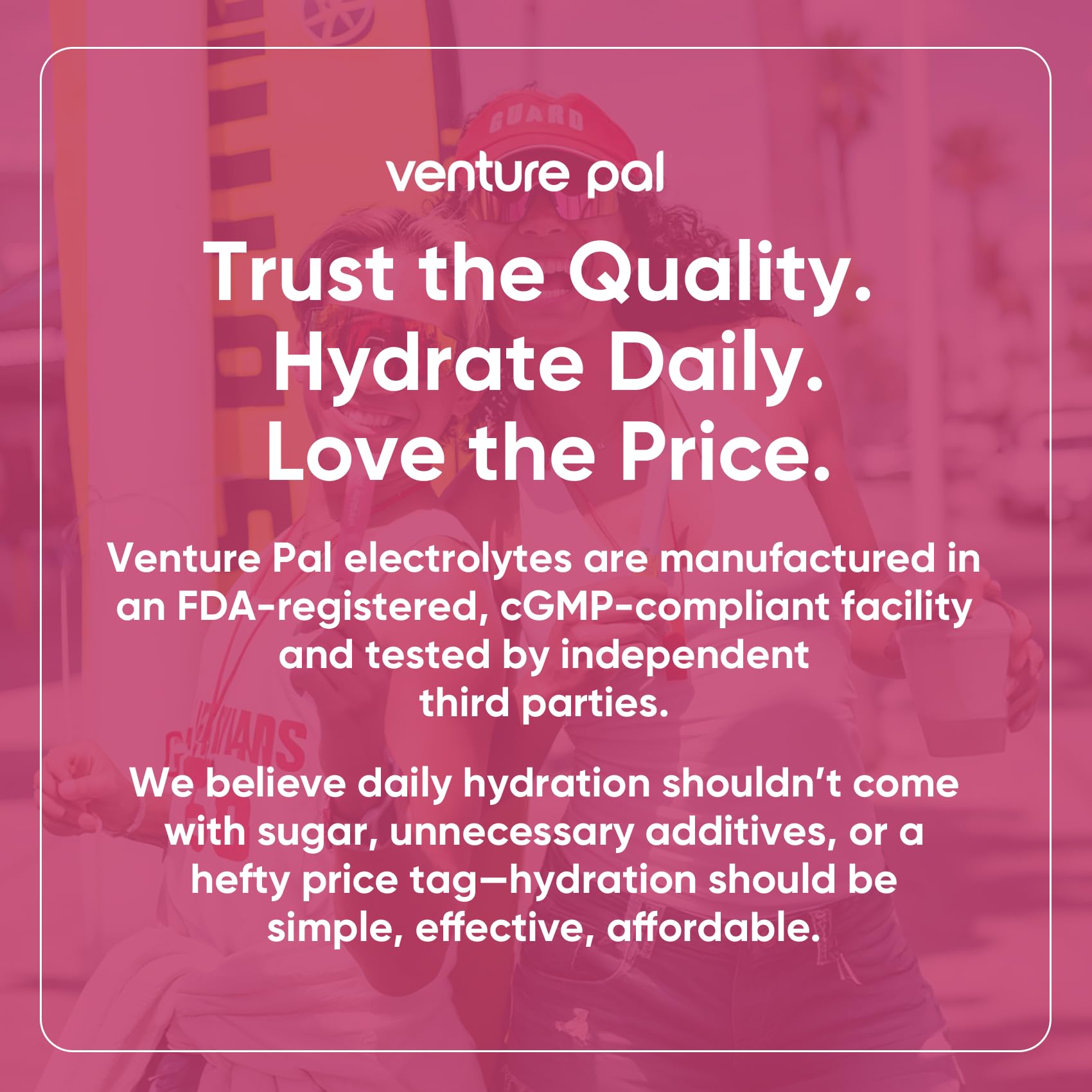 Venture Pal ingredients list featuring 7 electrolytes and 5 vitamins.
