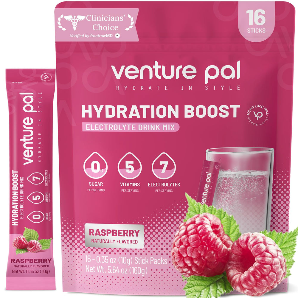 Venture Pal sugar-free electrolyte packet label close-up showing ingredients for hydration.