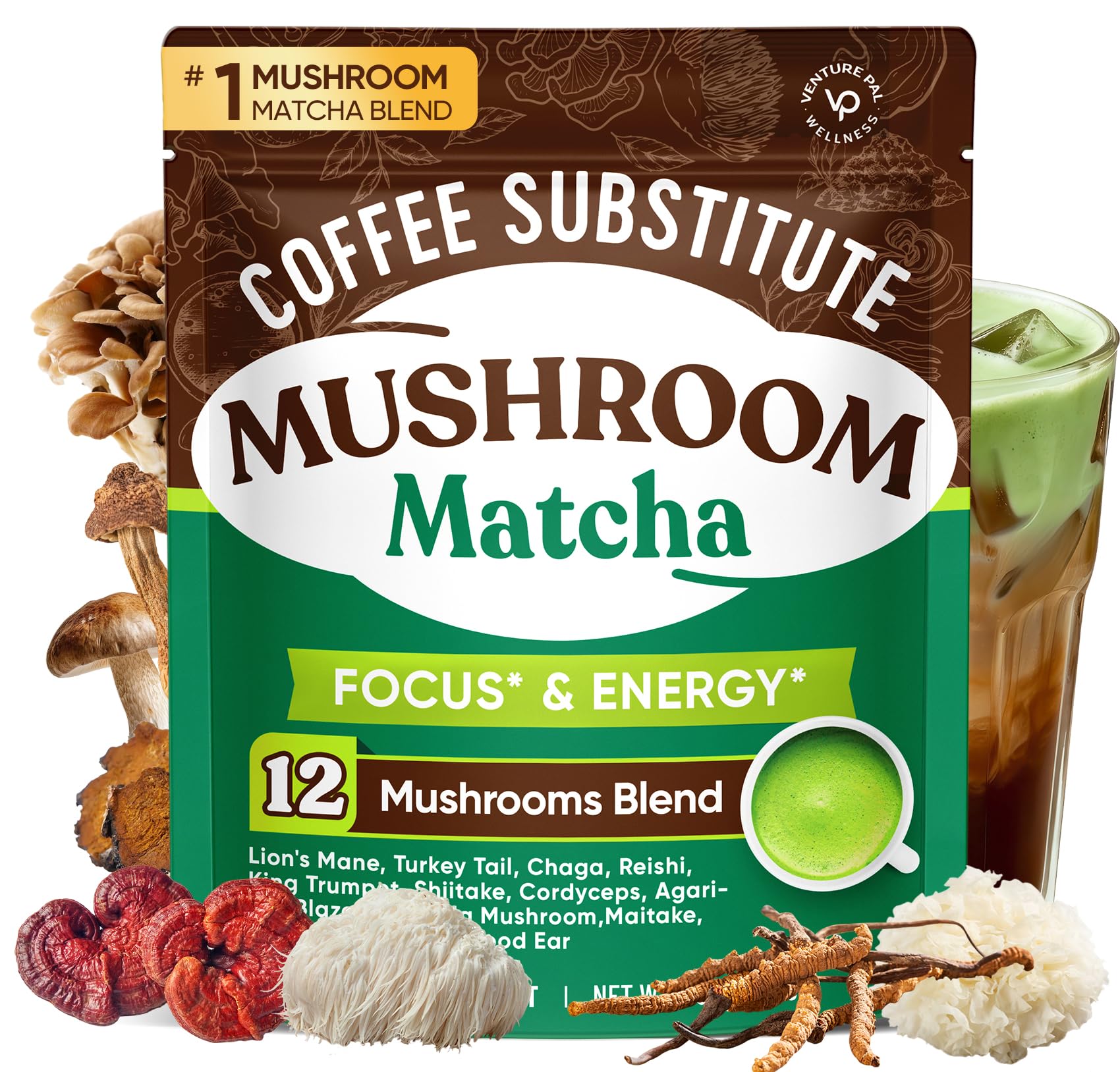 Venture Pal Mushroom Matcha powder bottle for daily focus and energy.