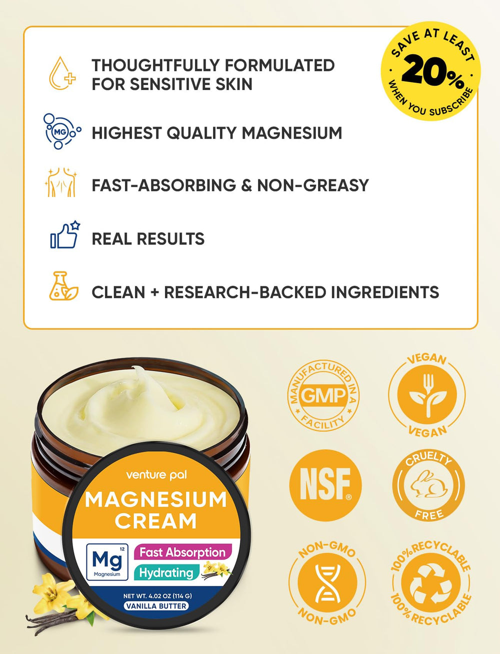 Venture Pal cream highlighting coconut oil and shea butter ingredients.