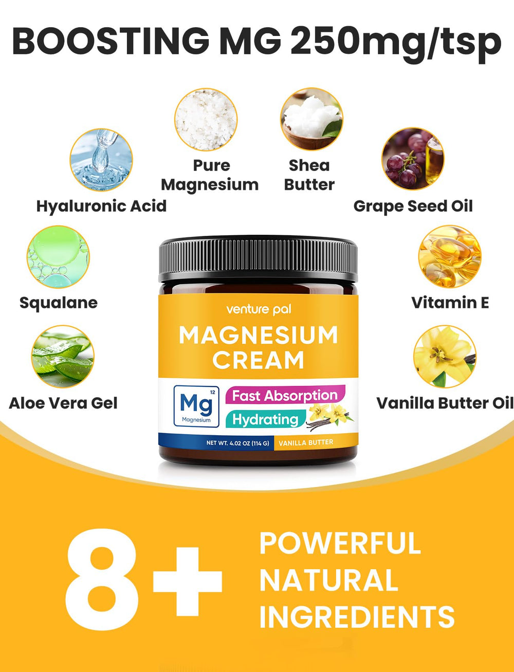 Pump bottle of Venture Pal magnesium cream showcasing lightweight texture.