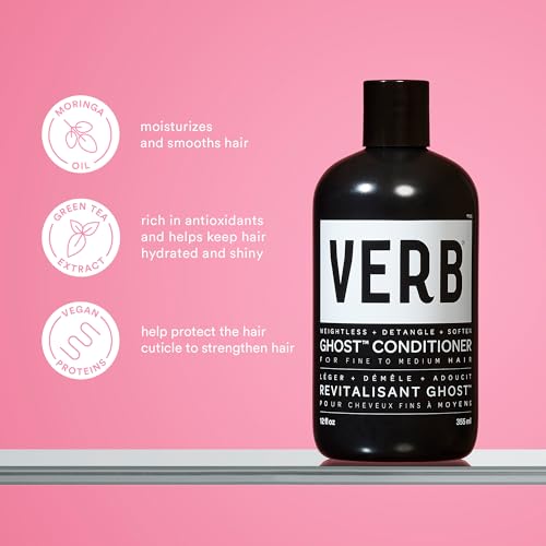 VERB Ghost Conditioner label closeup emphasizes hydration and frizz control without heaviness