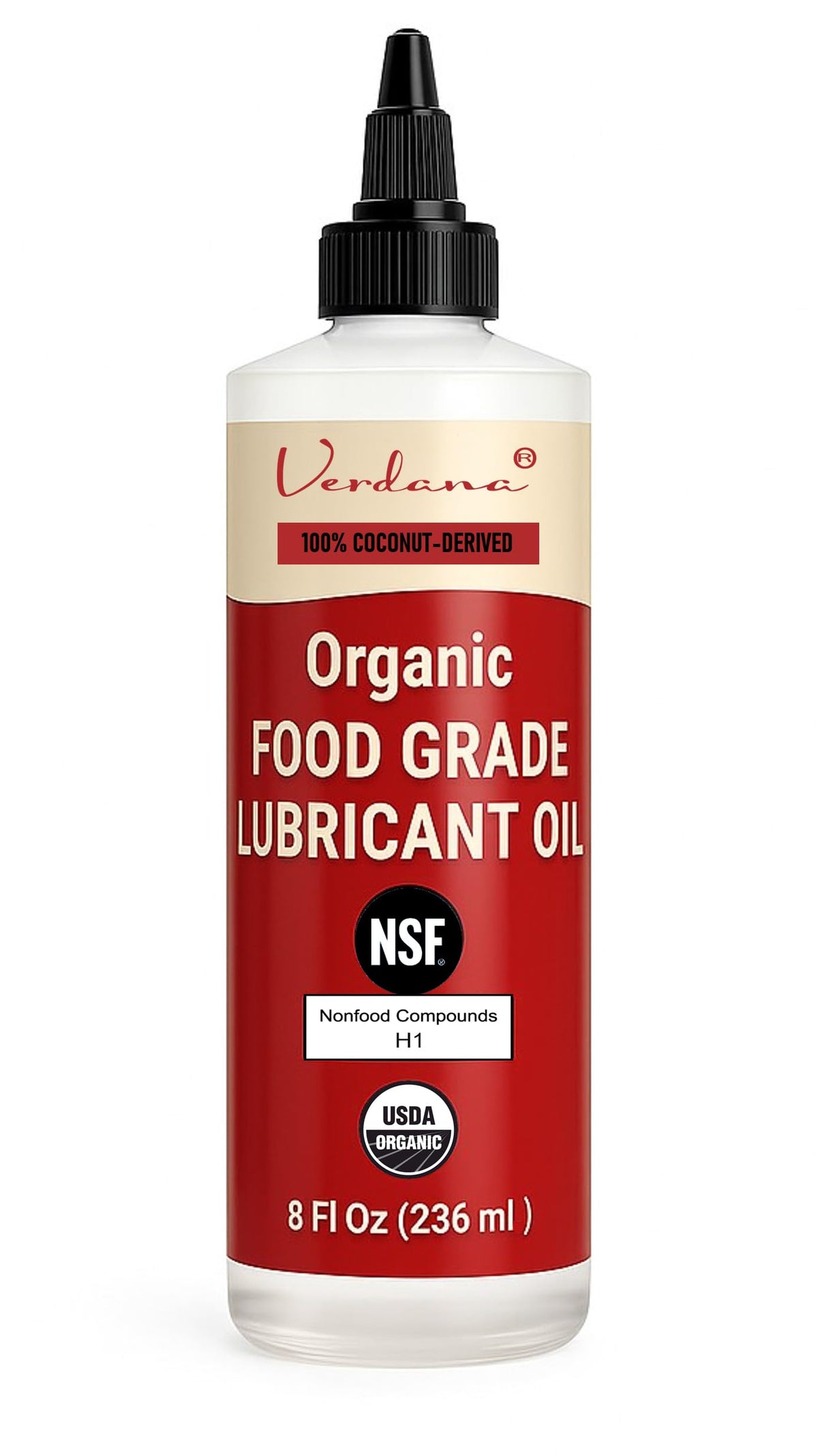 Verdana food-grade lubricant oil bottle pour demonstrates safe incidental food contact