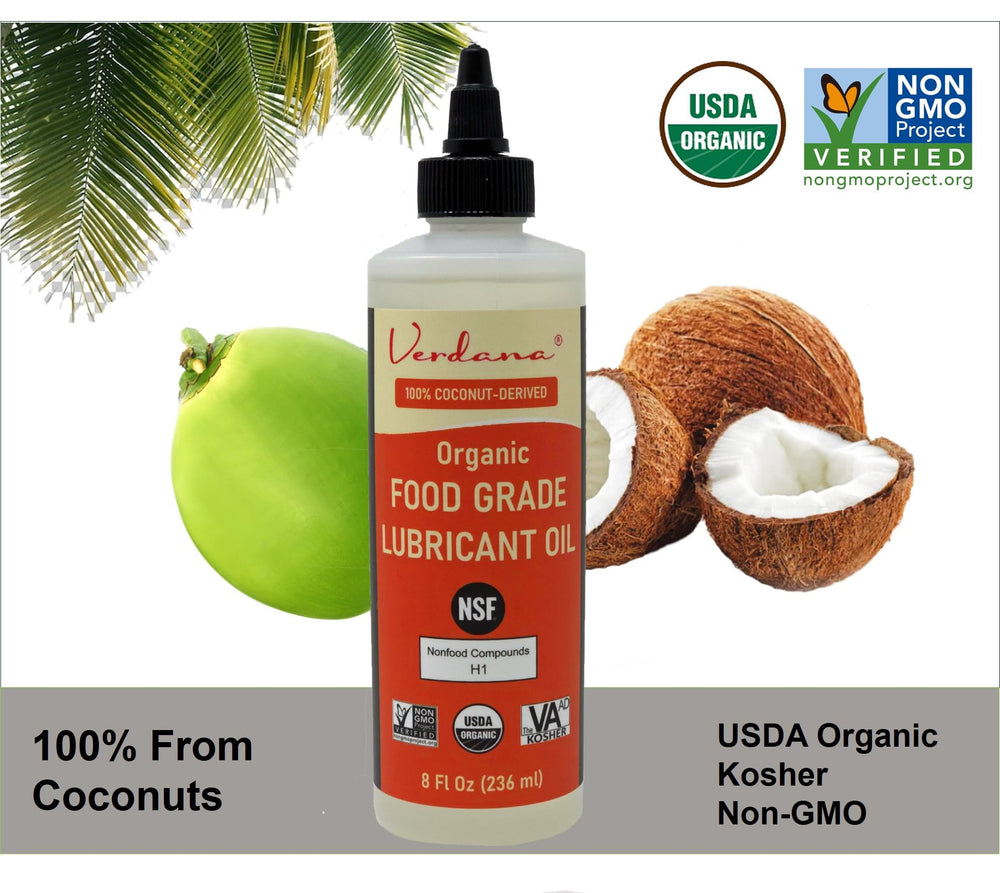 Verdana food-grade lubricant oil label view confirms Kosher and Non-GMO status