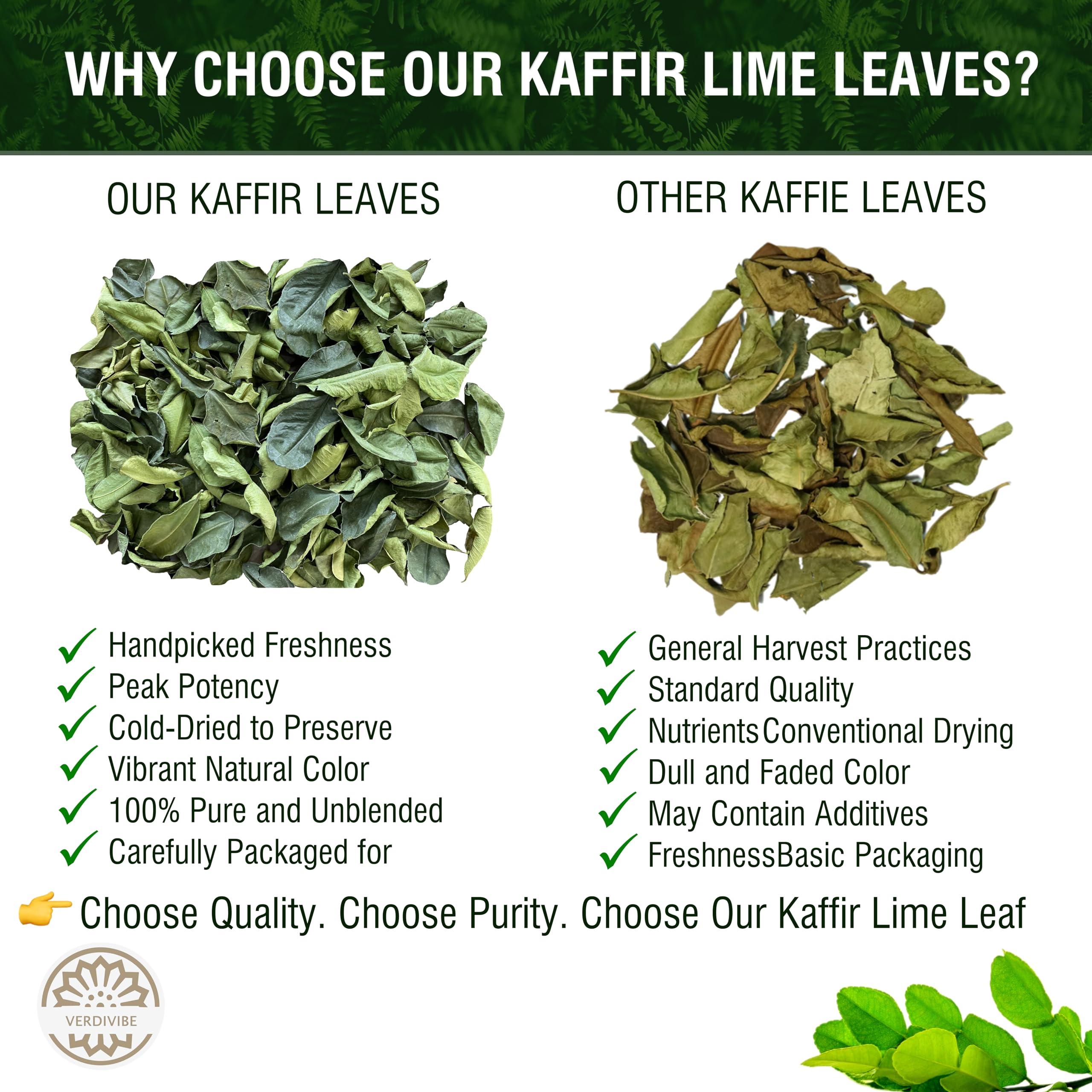 VERDIVIBE Kaffir lime leaves closeup showing vibrant texture and natural, pesticide-free quality.