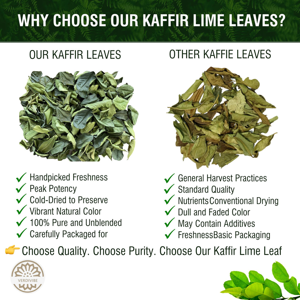 VERDIVIBE Kaffir lime leaves closeup showing vibrant texture and natural, pesticide-free quality.