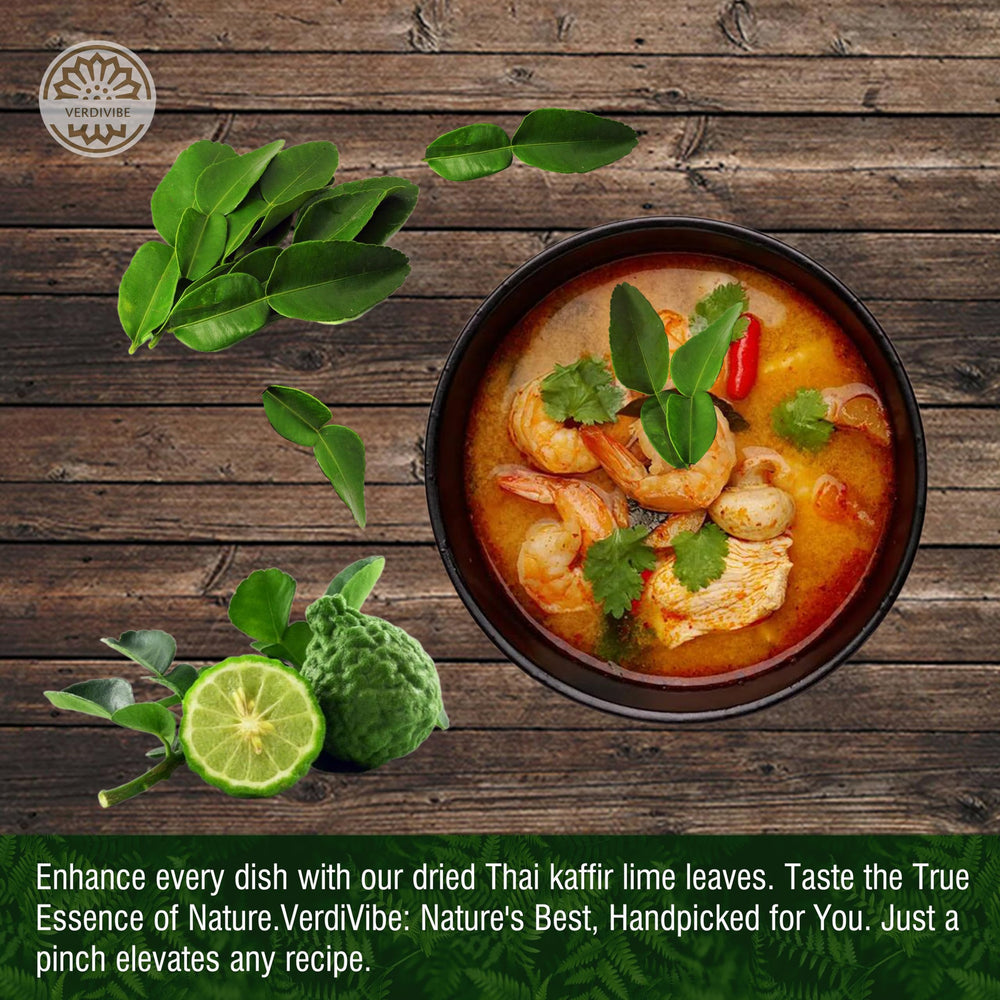 VERDIVIBE Kaffir lime leaves on kitchen counter implying 100% natural and pure ingredients.