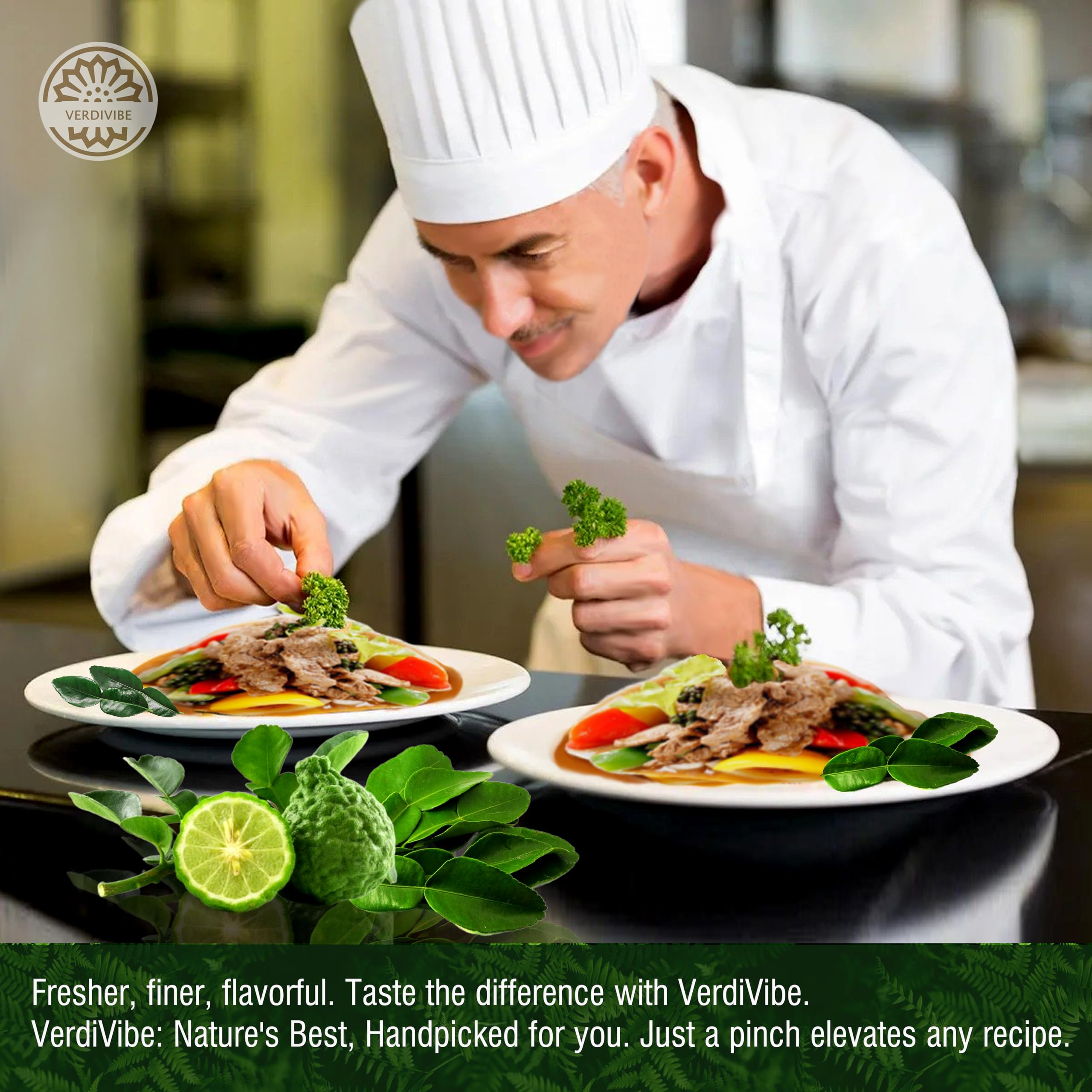 VERDIVIBE Kaffir lime leaves packaging shot conveying value and money-back guarantee.